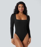 Ribbed Knit Square Neck Long Sleeve Skinny Casual Bodysuit — Black — view 5