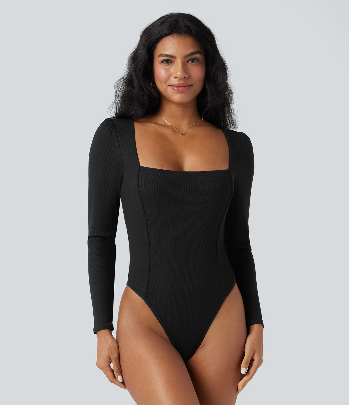 Ribbed Knit Square Neck Long Sleeve Skinny Casual Bodysuit — Black — view 5