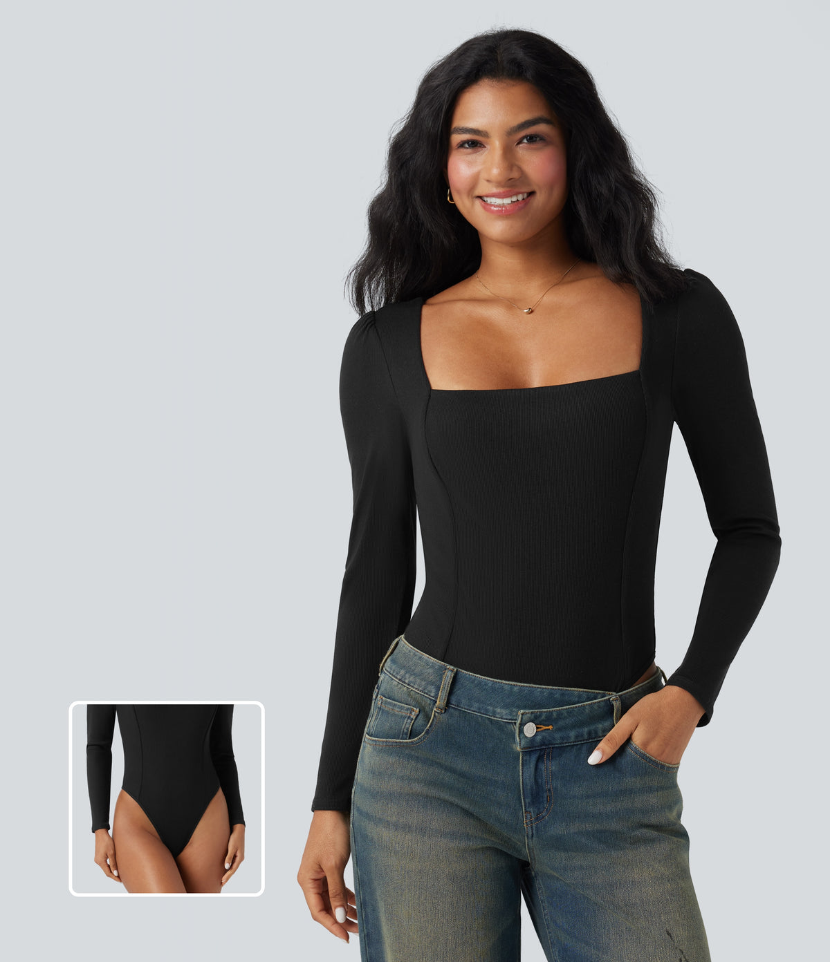 Ribbed Knit Square Neck Long Sleeve Skinny Casual Bodysuit — Black — view 1