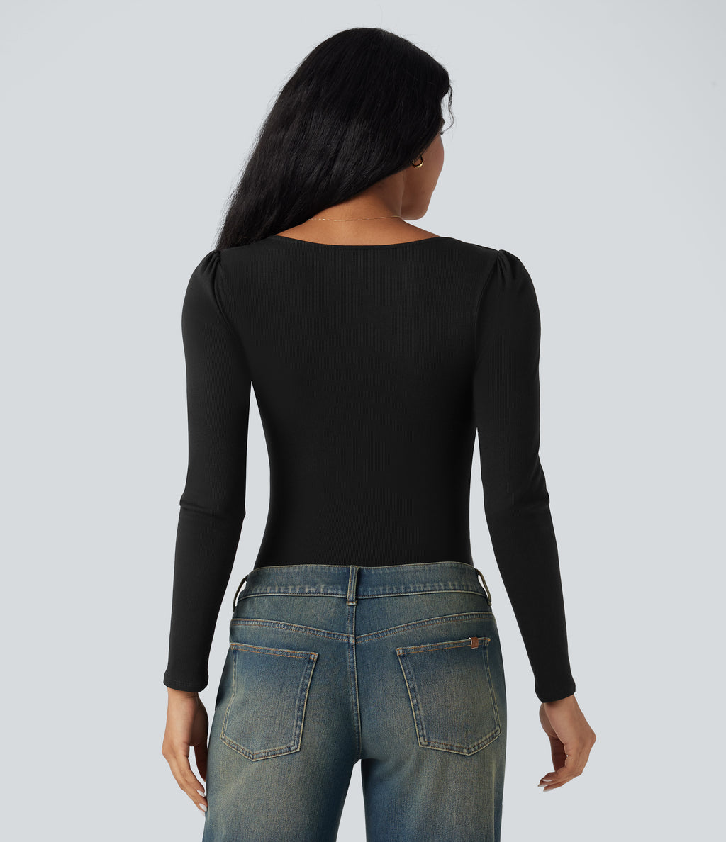 Ribbed Knit Square Neck Long Sleeve Skinny Casual Bodysuit — Black — view 2