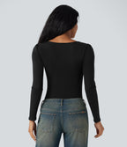 Ribbed Knit Square Neck Long Sleeve Skinny Casual Bodysuit — Black — view 2