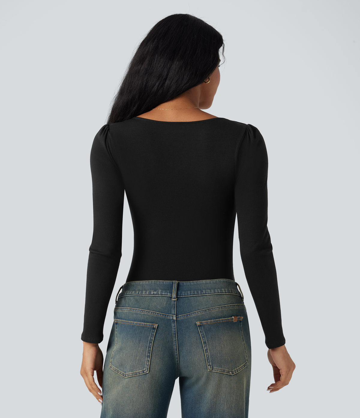 Ribbed Knit Square Neck Long Sleeve Skinny Casual Bodysuit — Black — view 2