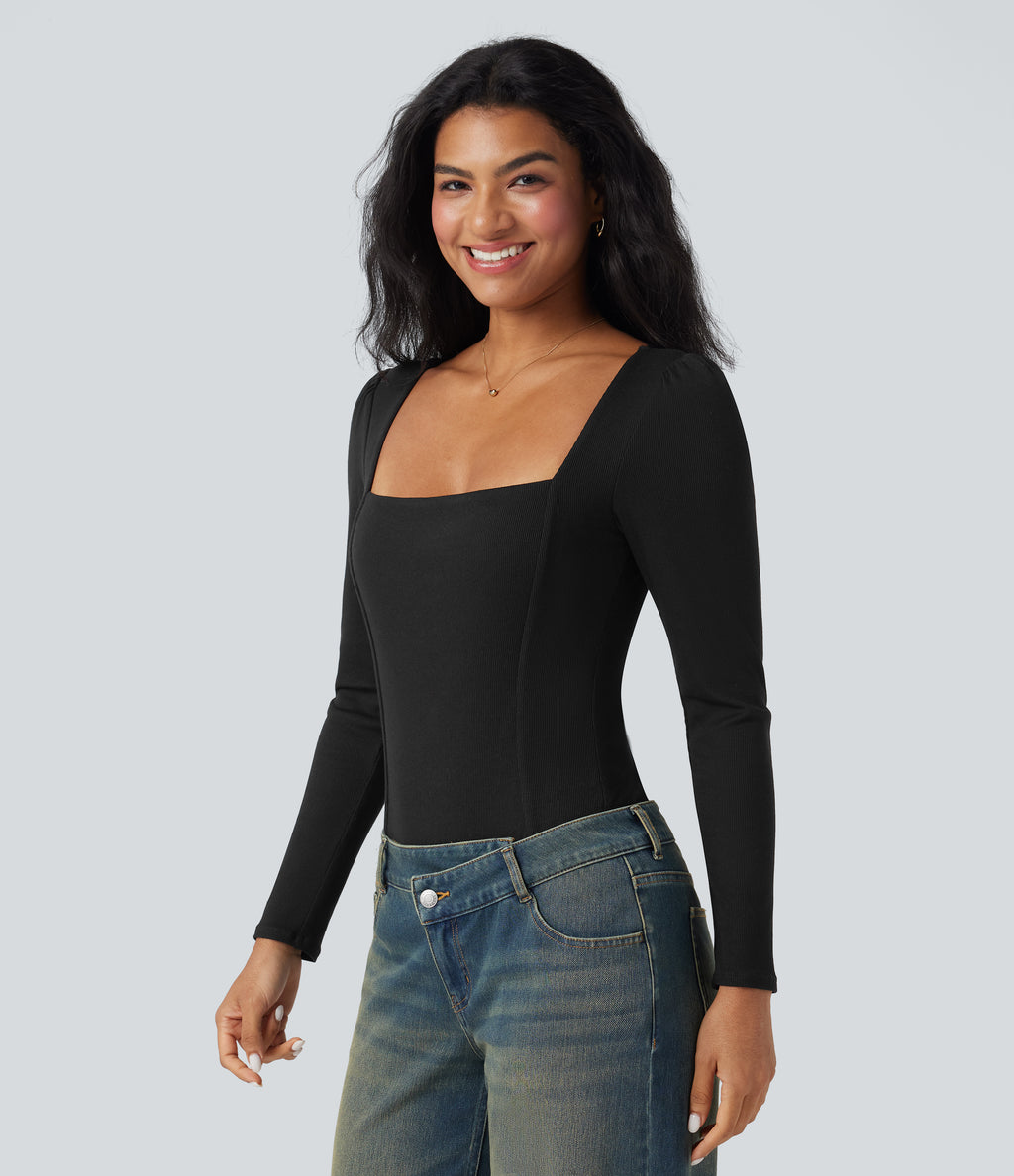 Ribbed Knit Square Neck Long Sleeve Skinny Casual Bodysuit — Black — view 3