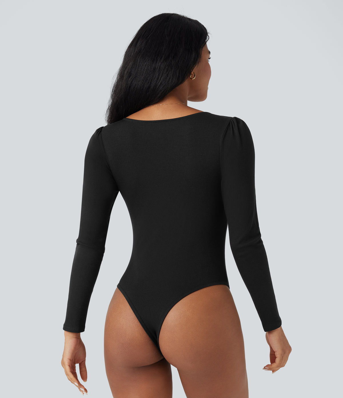Ribbed Knit Square Neck Long Sleeve Skinny Casual Bodysuit — Black — view 6