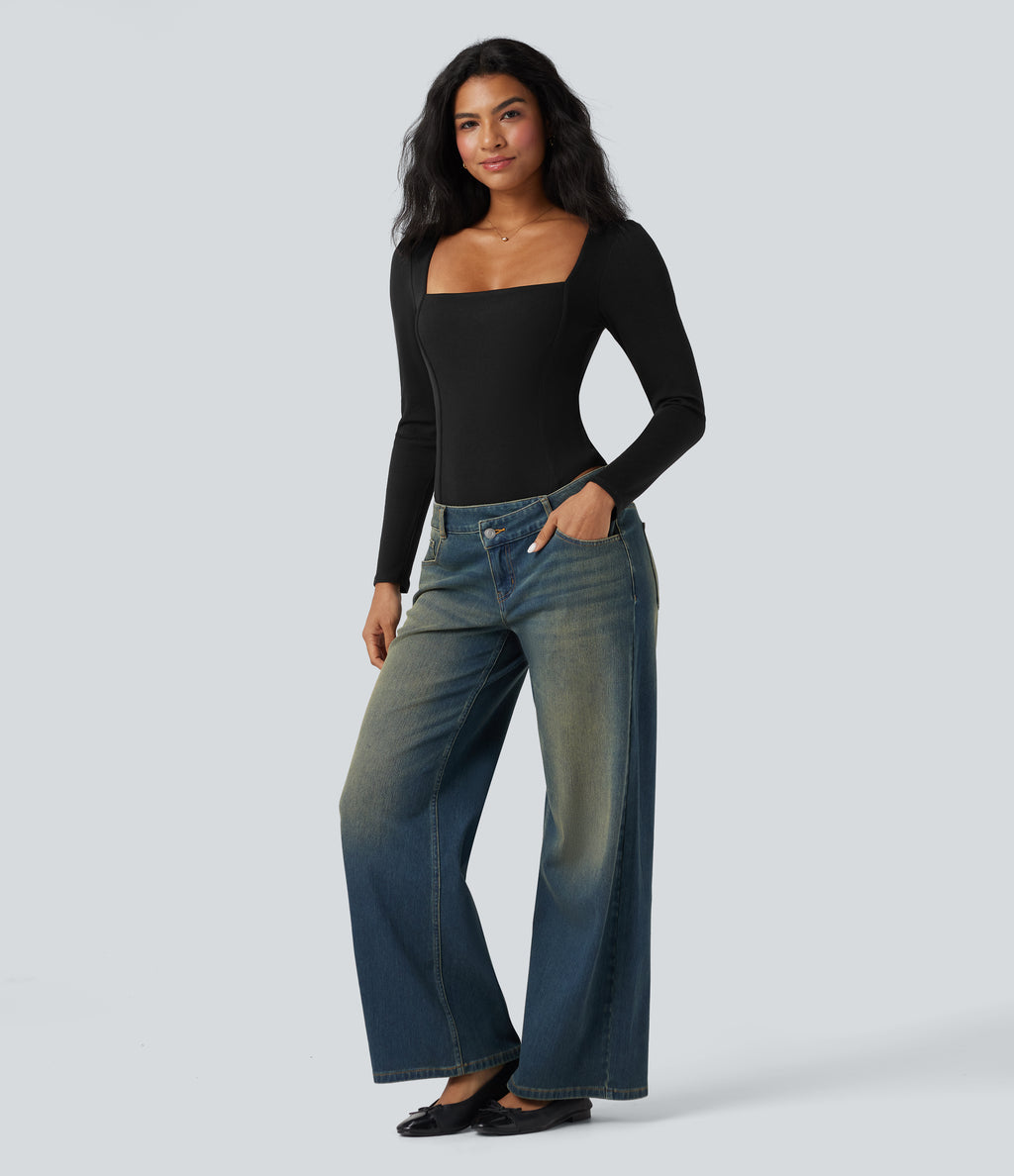 Ribbed Knit Square Neck Long Sleeve Skinny Casual Bodysuit — Black — view 7