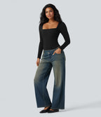 Ribbed Knit Square Neck Long Sleeve Skinny Casual Bodysuit — Black — view 7