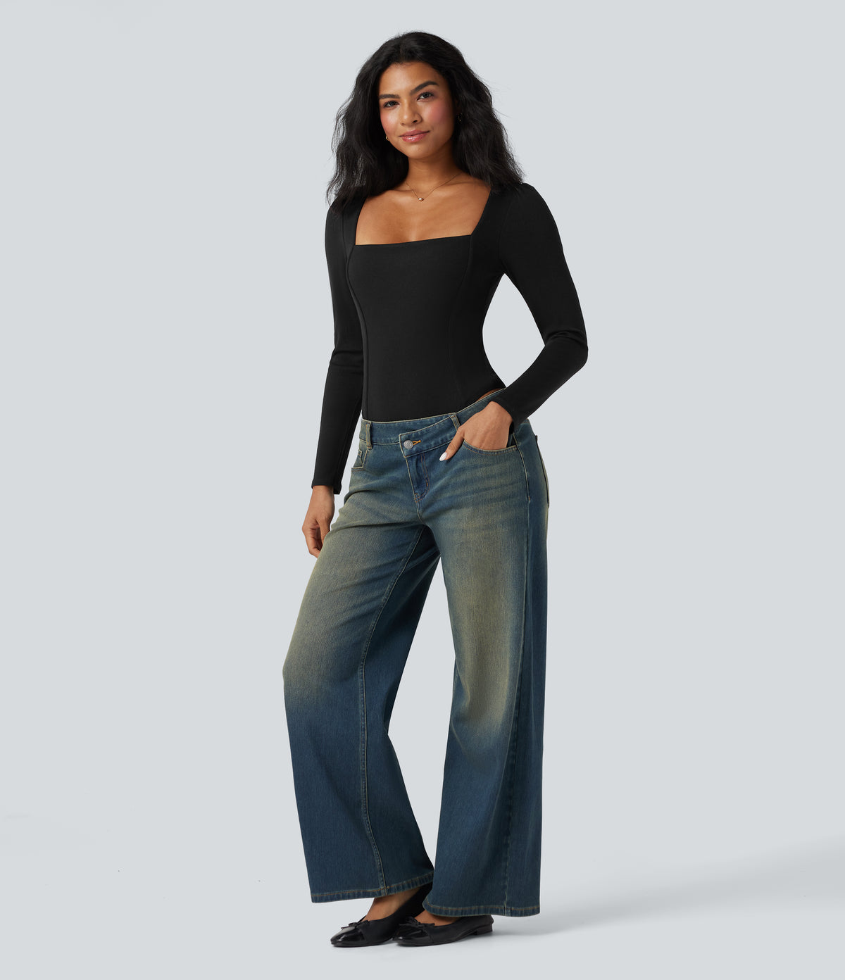 Ribbed Knit Square Neck Long Sleeve Skinny Casual Bodysuit — Black — view 7