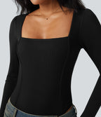 Ribbed Knit Square Neck Long Sleeve Skinny Casual Bodysuit — Black — view 4