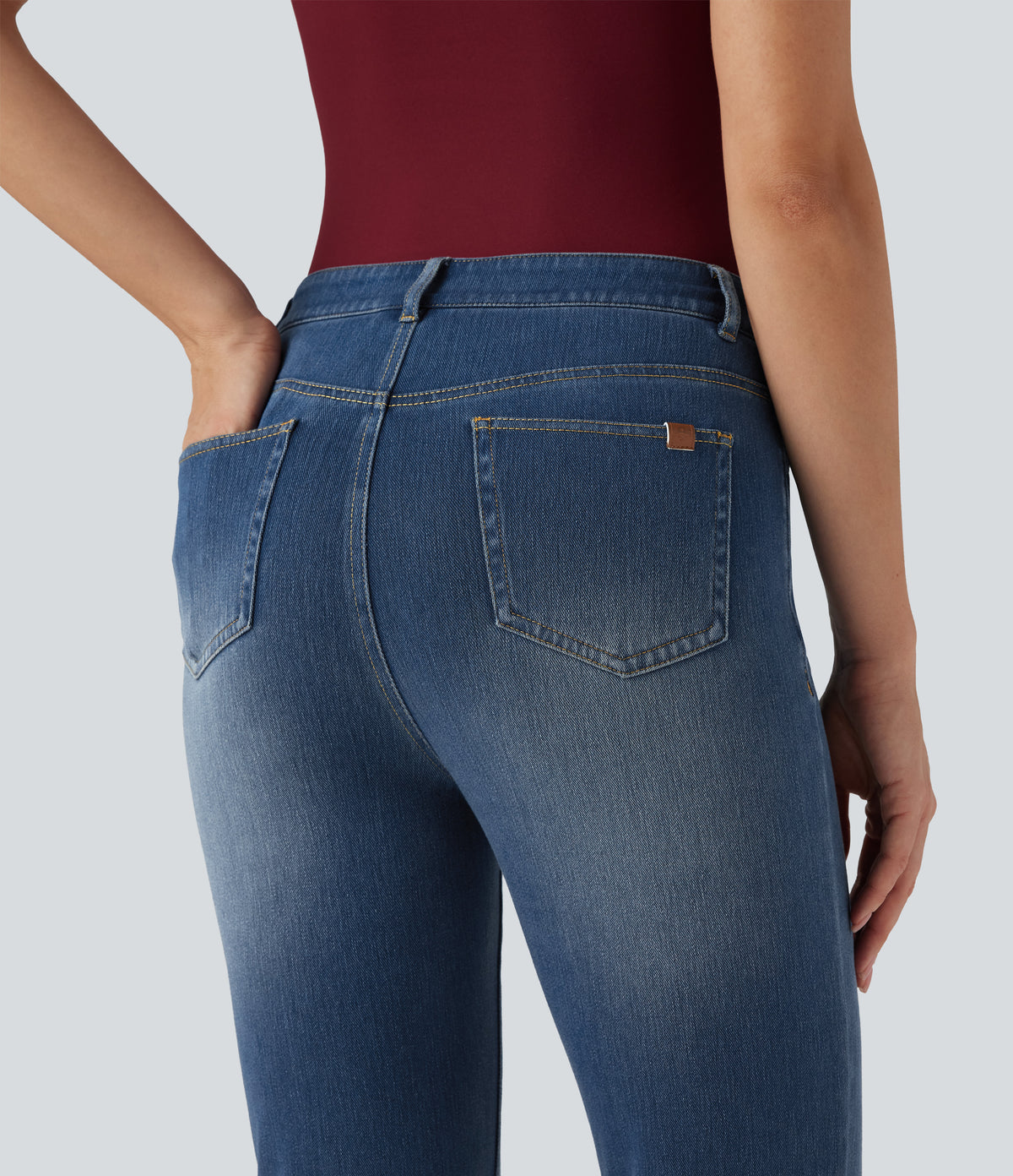 High Waisted Casual Flared Jeans with Pockets — Tide Blue Denim — view 5