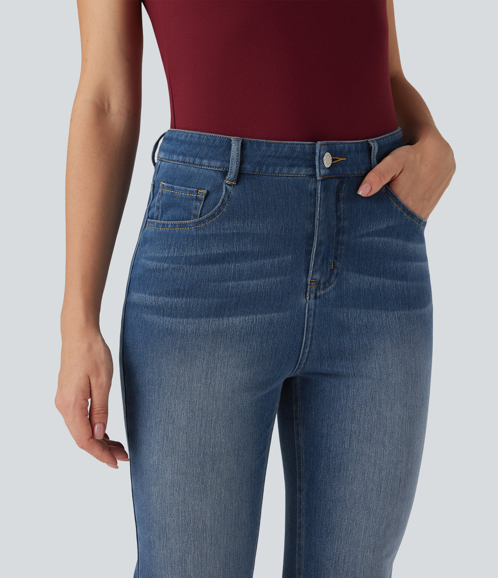 High Waisted Casual Flared Jeans with Pockets — Tide Blue Denim — view 4