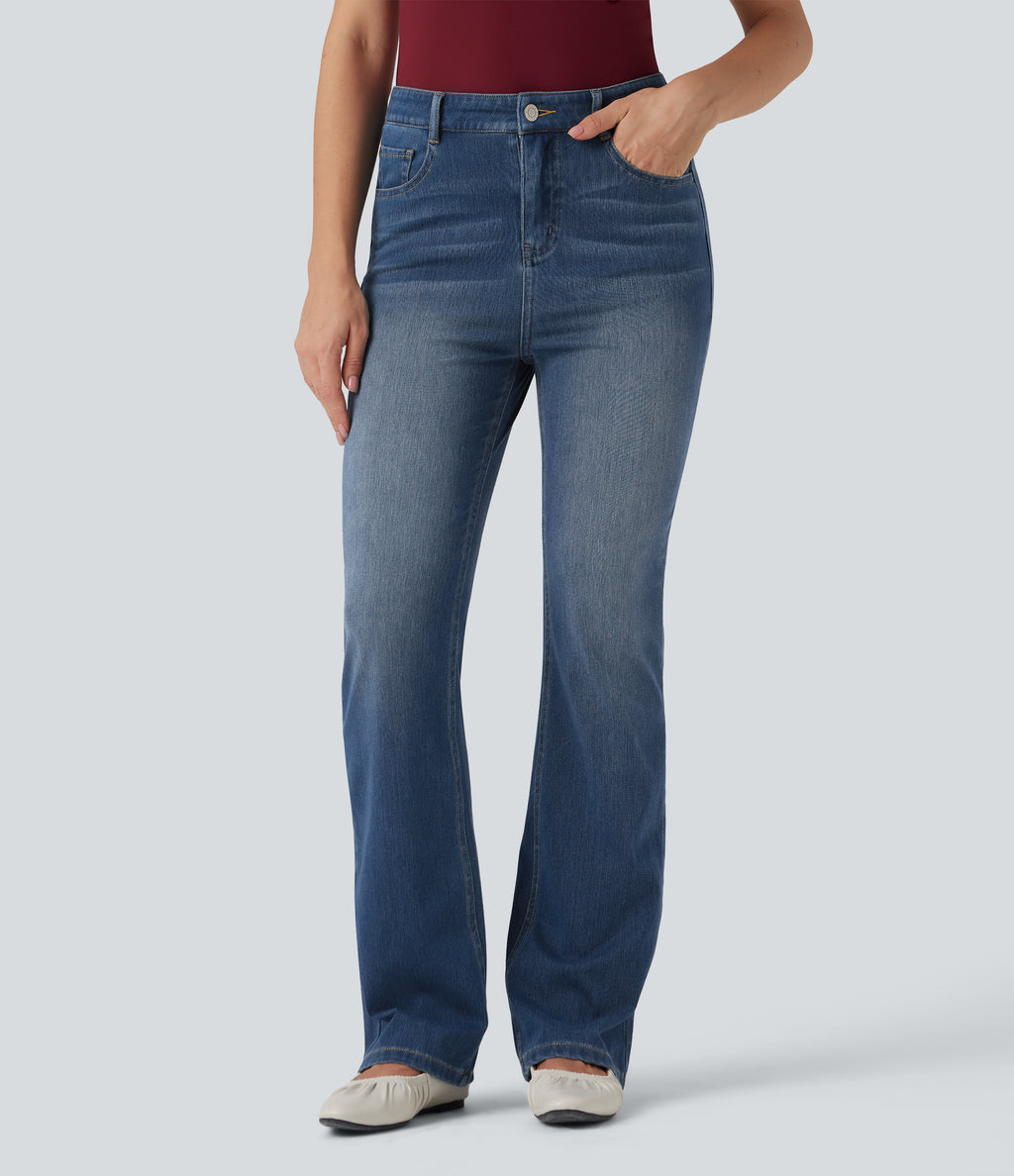 High Waisted Casual Flared Jeans with Pockets — Tide Blue Denim — view 1