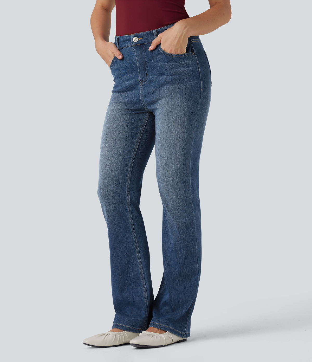 High Waisted Casual Flared Jeans with Pockets — Tide Blue Denim — view 3