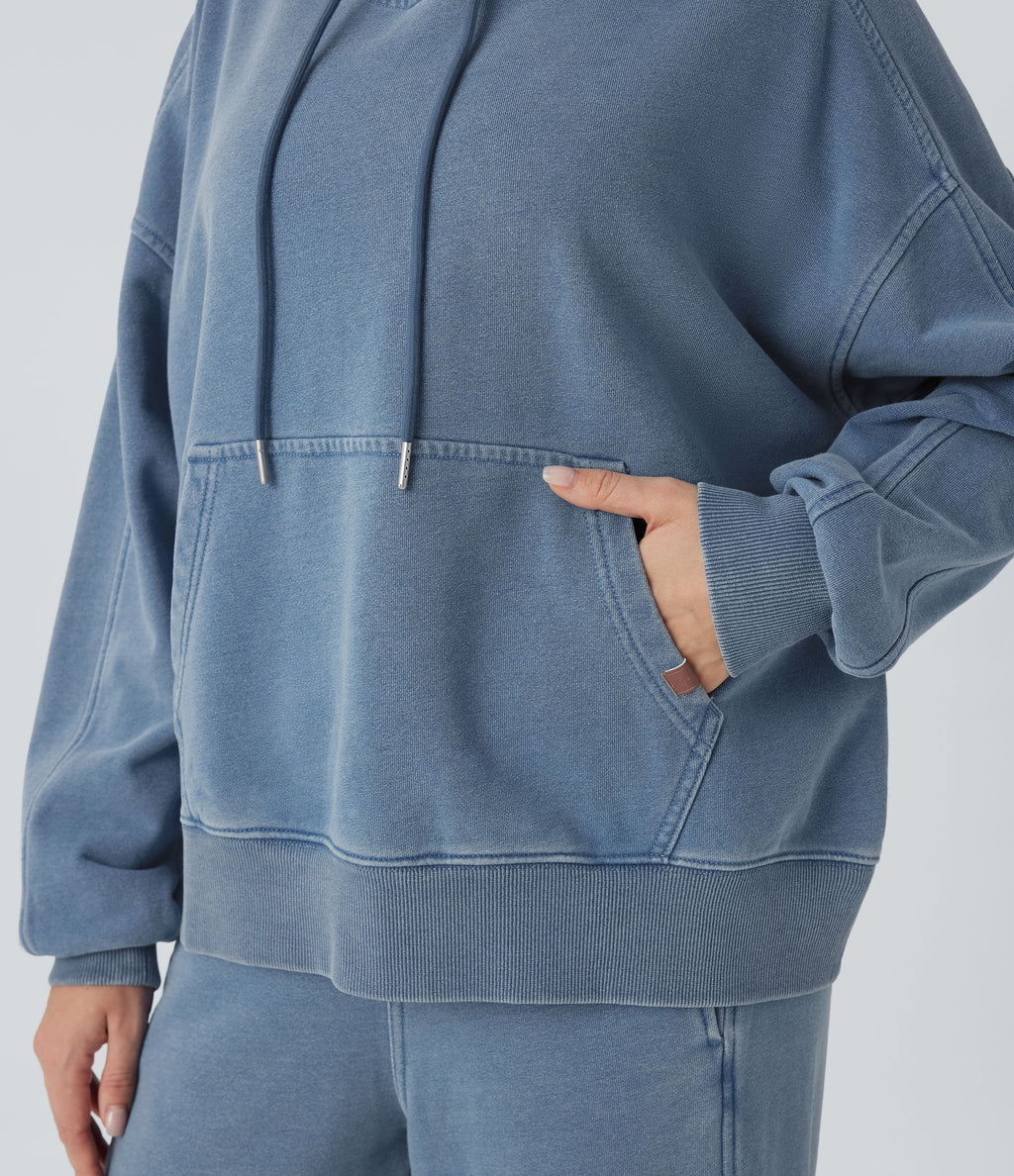 Hooded Casual French Terry Denim Sweatshirt with Pocket — Blue Jasper Denim — view 5