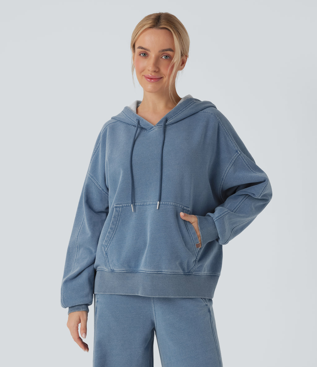 Hooded Casual French Terry Denim Sweatshirt with Pocket — Blue Jasper Denim — view 2