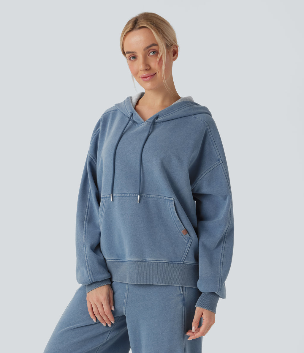 Hooded Casual French Terry Denim Sweatshirt with Pocket — Blue Jasper Denim — view 4
