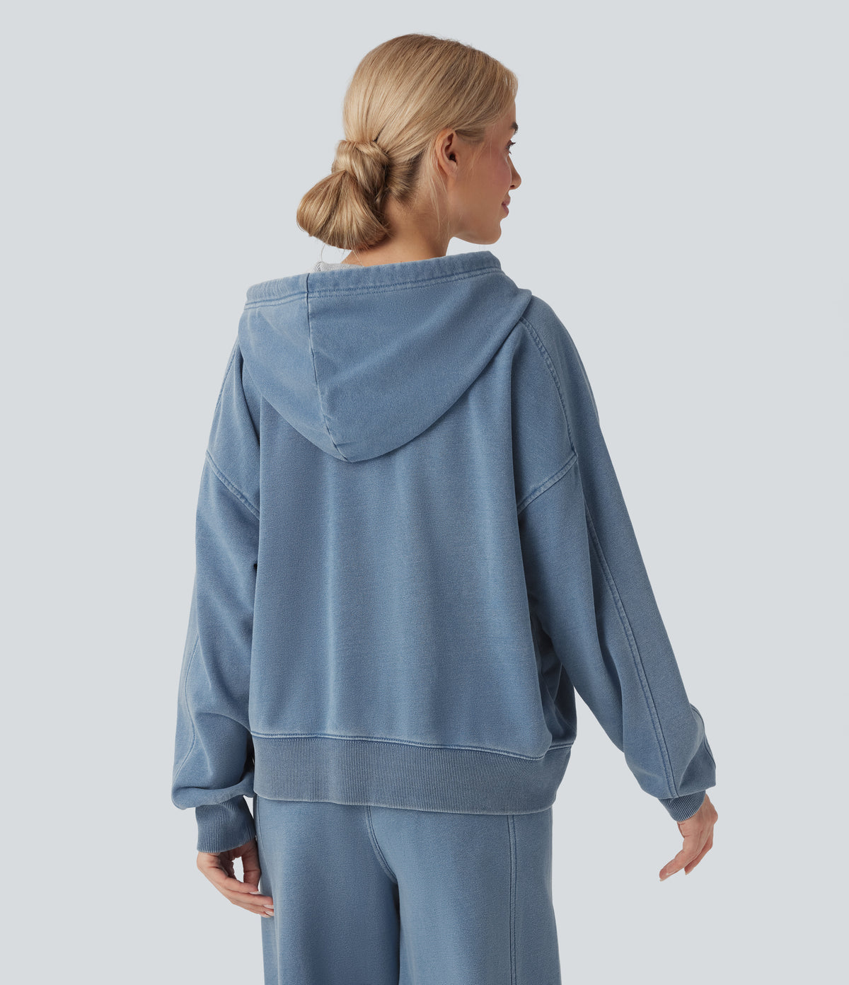 Hooded Casual French Terry Denim Sweatshirt with Pocket — Blue Jasper Denim — view 3