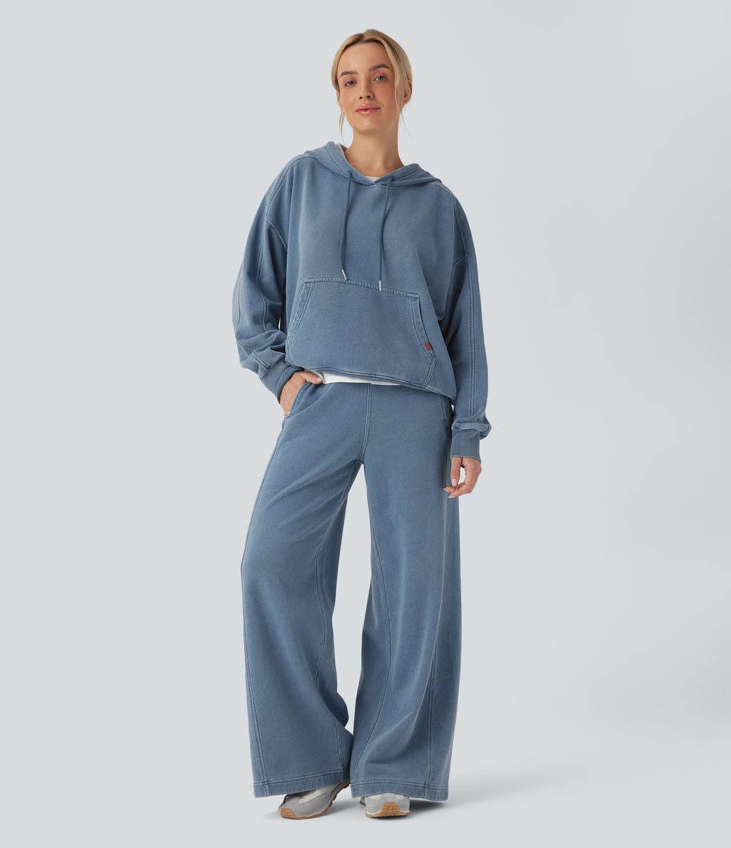 Hooded Casual French Terry Denim Sweatshirt with Pocket — Blue Jasper Denim — view 7