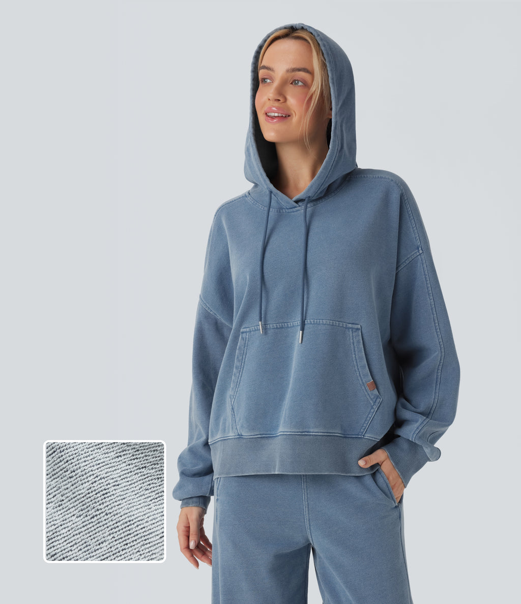 Hooded Casual French Terry Denim Sweatshirt with Pocket — Blue Jasper Denim — view 1
