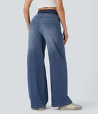 High Waisted Tummy Control Wide Leg Washed Casual Jeans with Pockets — Tide Blue Denim — view 2