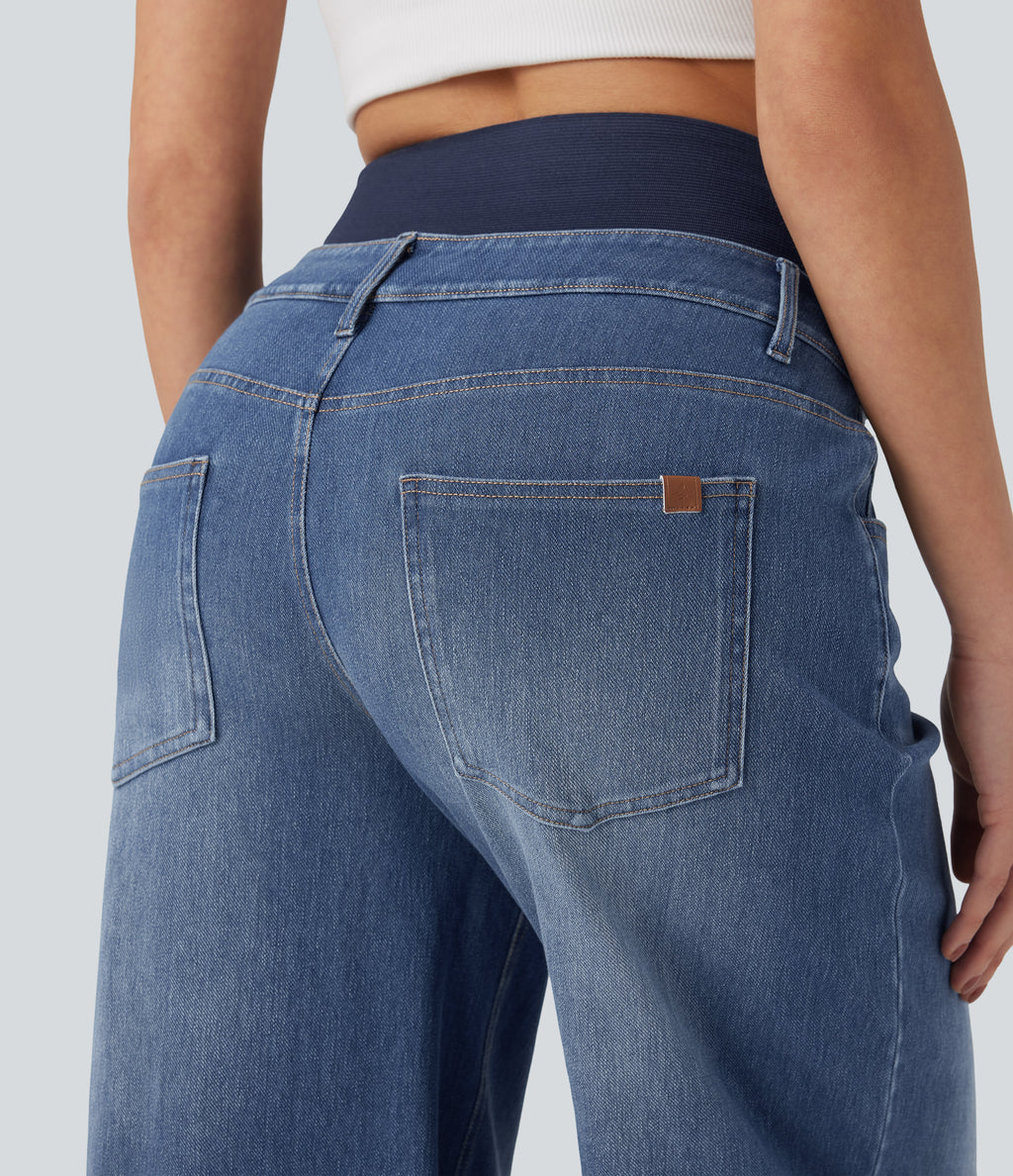 High Waisted Tummy Control Wide Leg Washed Casual Jeans with Pockets — Tide Blue Denim — view 4