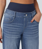 High Waisted Tummy Control Wide Leg Washed Casual Jeans with Pockets — Tide Blue Denim — view 5