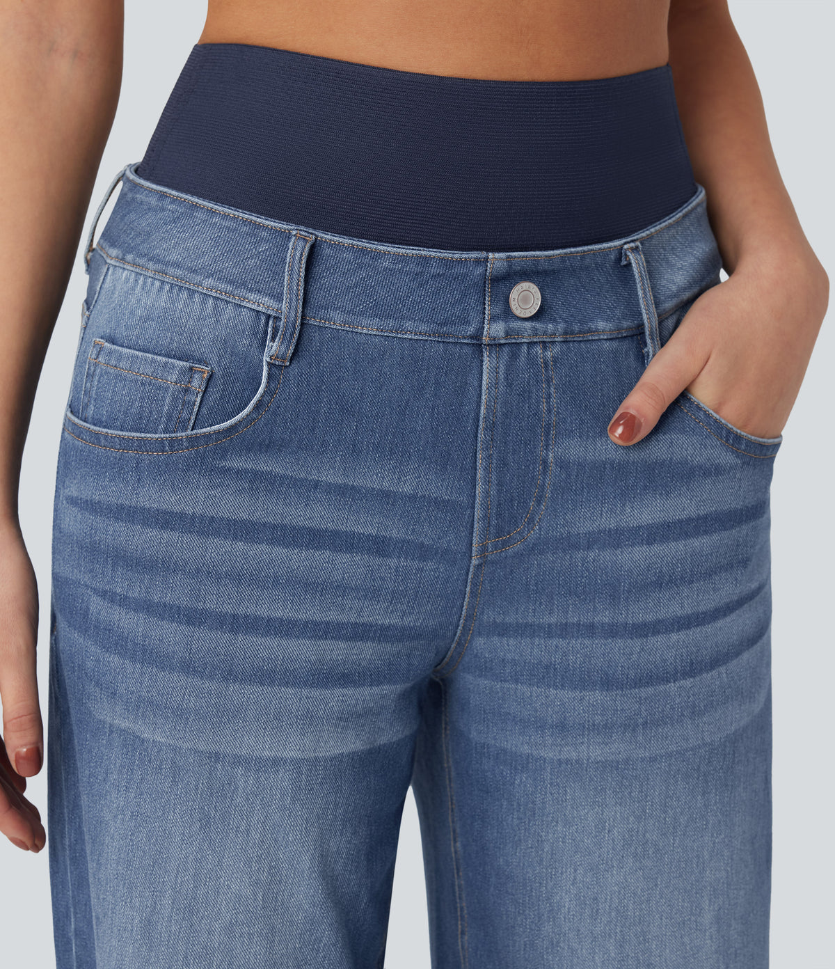 High Waisted Tummy Control Wide Leg Washed Casual Jeans with Pockets — Tide Blue Denim — view 5