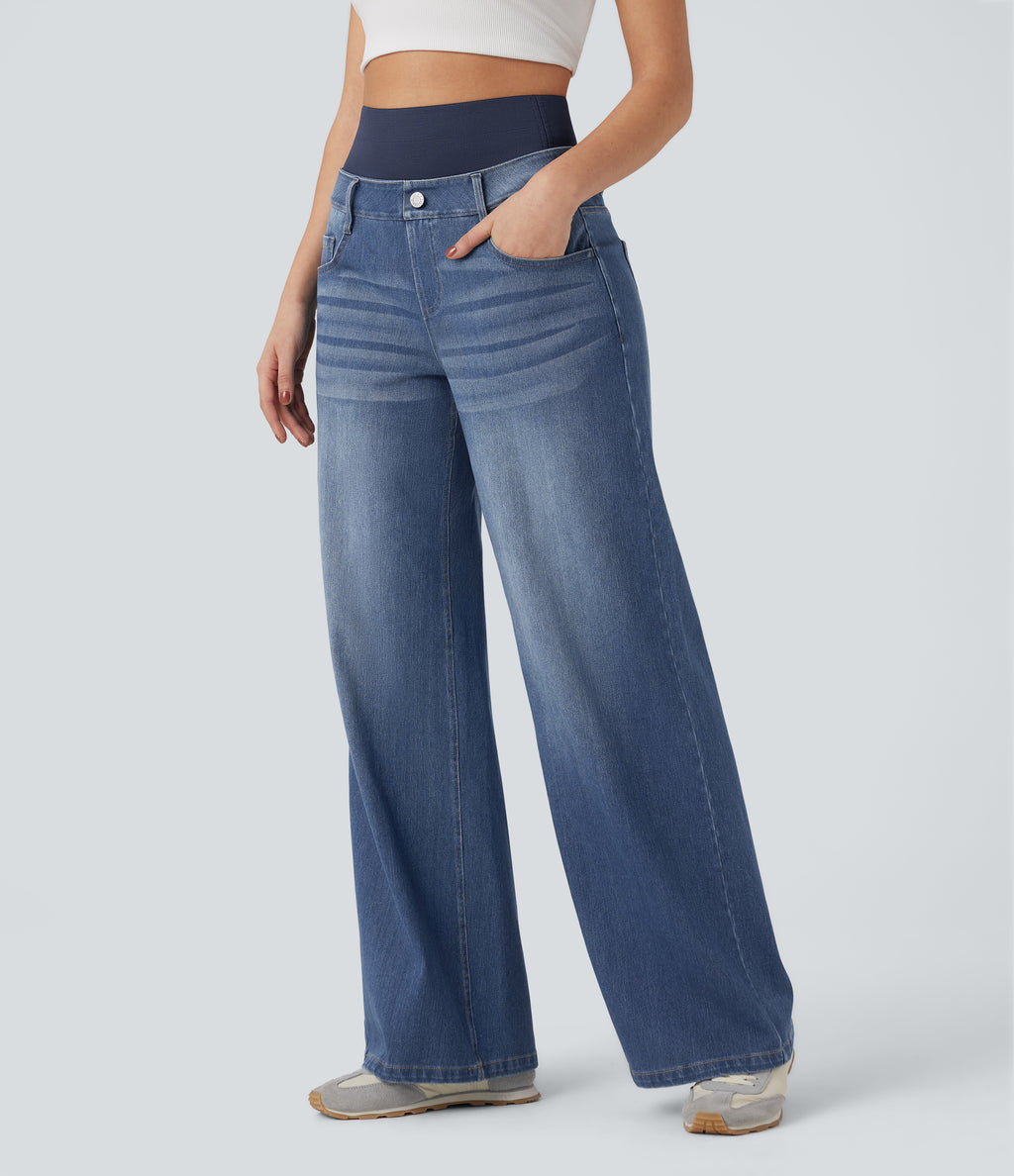 High Waisted Tummy Control Wide Leg Washed Casual Jeans with Pockets — Tide Blue Denim — view 3
