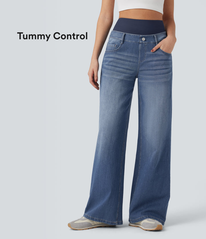 High Waisted Tummy Control Wide Leg Washed Casual Jeans with Pockets — Tide Blue Denim — view 1