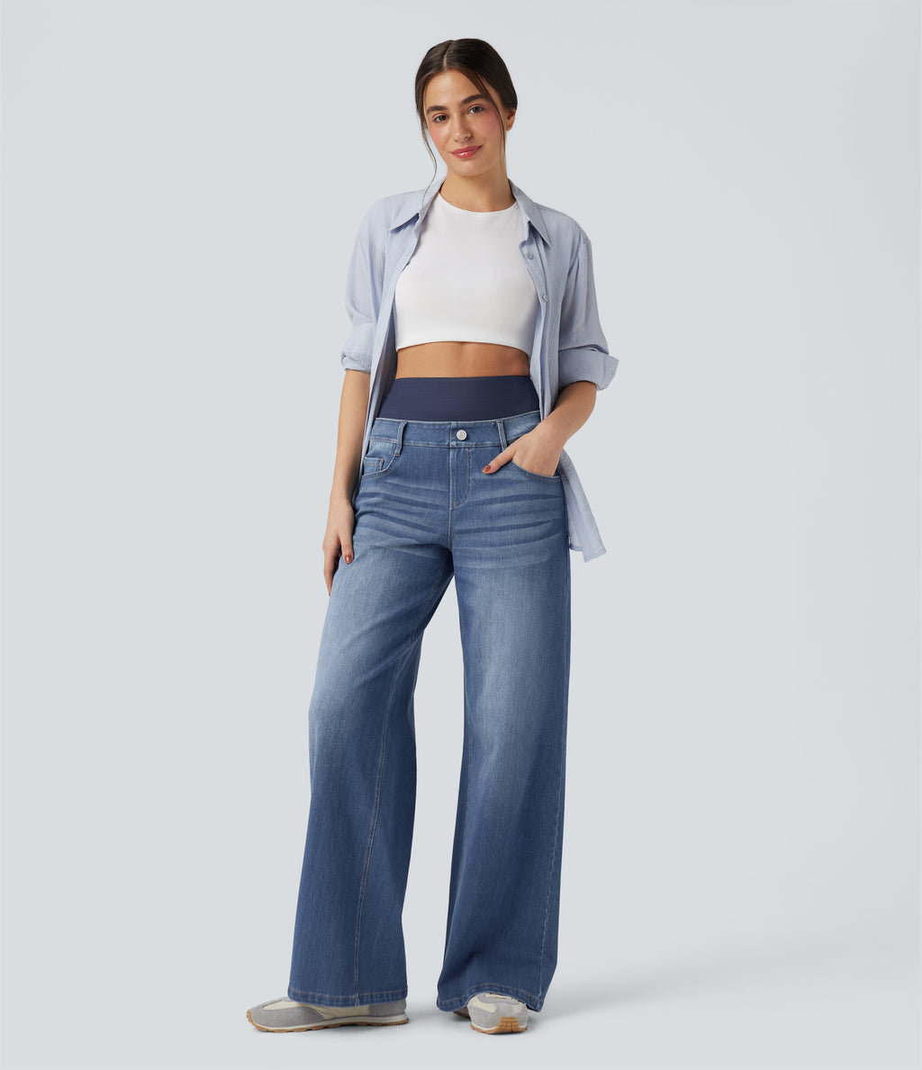 High Waisted Tummy Control Wide Leg Washed Casual Jeans with Pockets — Tide Blue Denim — view 6