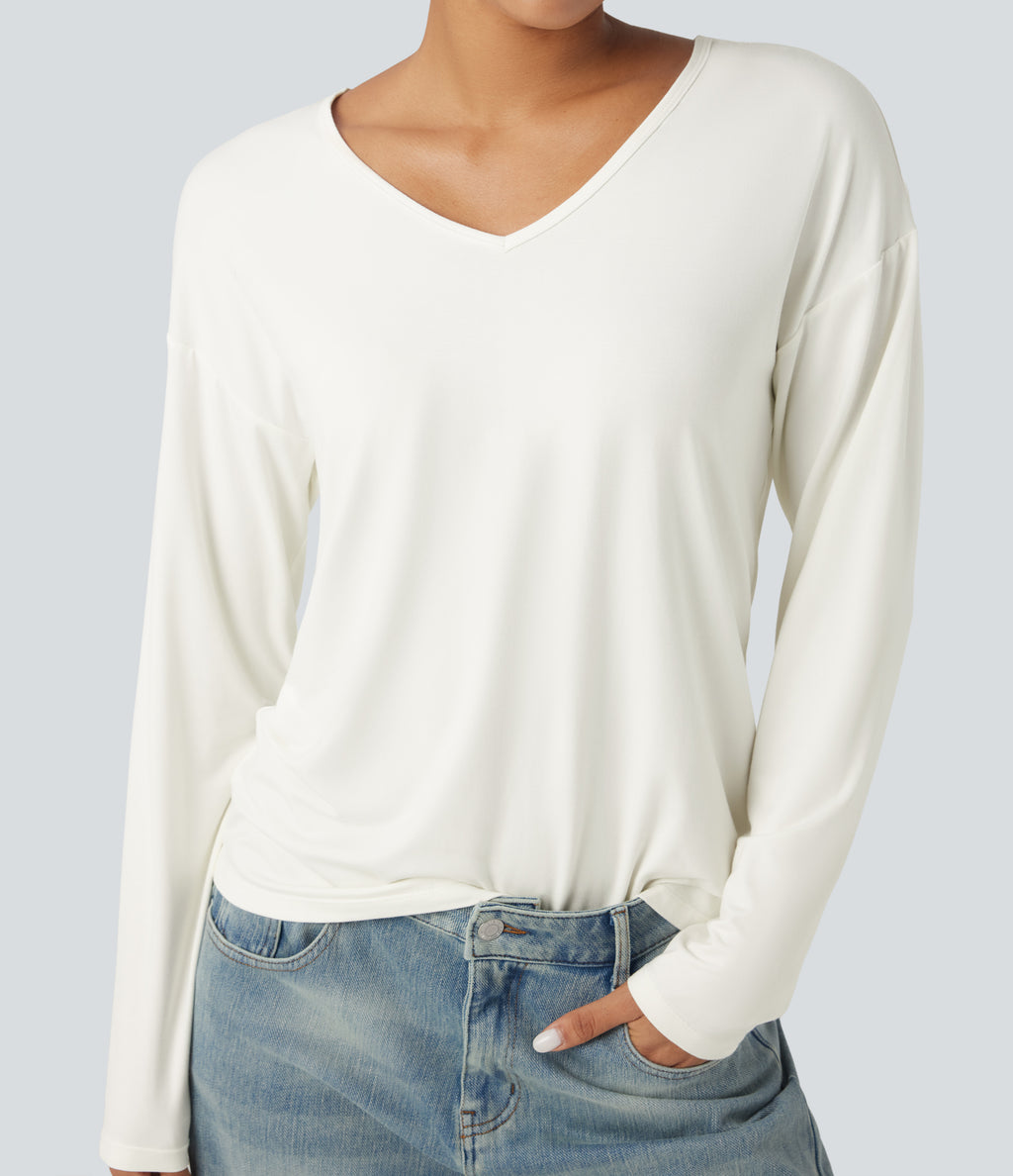 V-neck Long Sleeve Casual Top — White — view 4