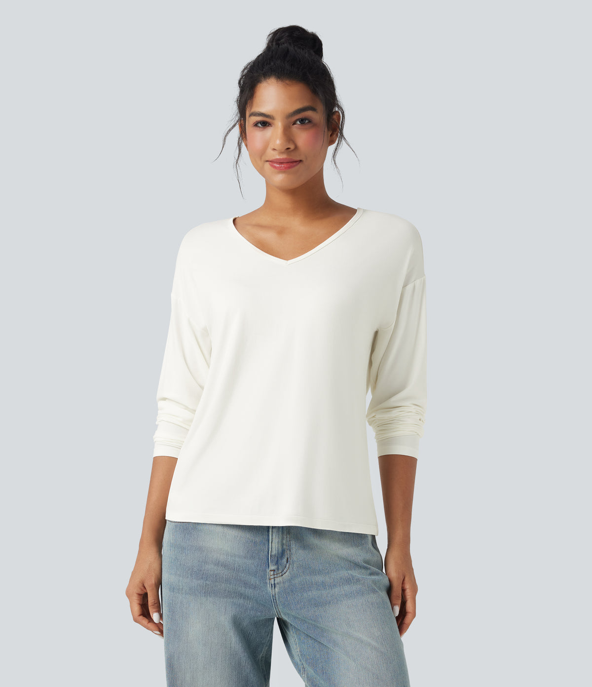 V-neck Long Sleeve Casual Top — White — view 6
