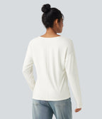 V-neck Long Sleeve Casual Top — White — view 2