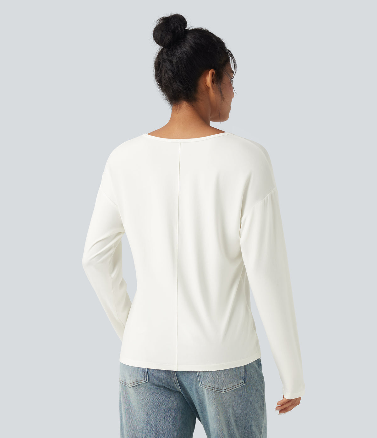V-neck Long Sleeve Casual Top — White — view 2