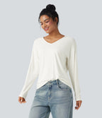 V-neck Long Sleeve Casual Top — White — view 3