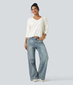 V-neck Long Sleeve Casual Top — White — view 7