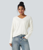 V-neck Long Sleeve Casual Top — White — view 1