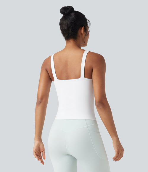 Airy Twisted Cut Out Yoga Tank Top-Longer Length — White — view 2