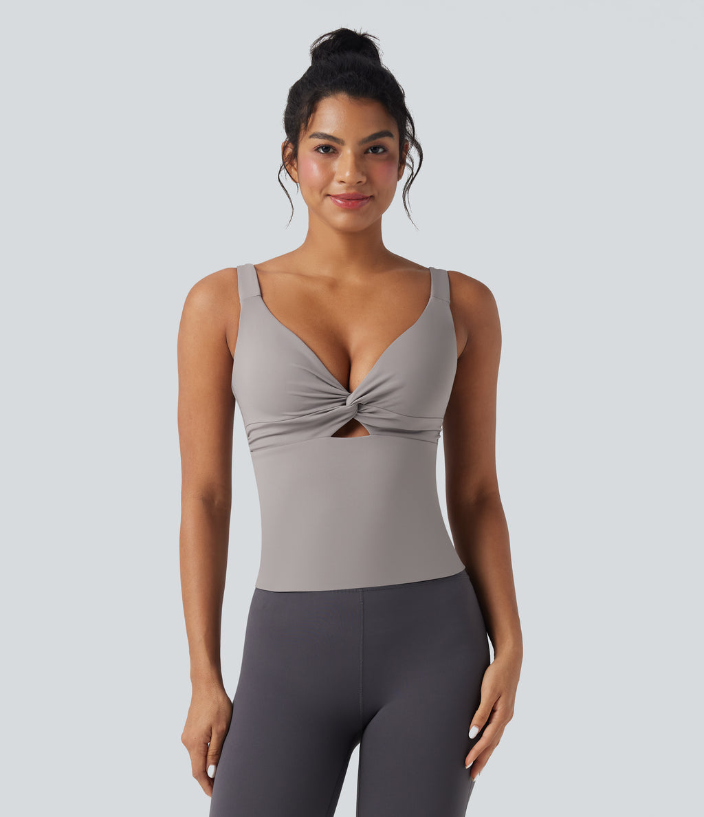 Airy Twisted Cut Out Yoga Tank Top-Longer Length — Gull — view 6