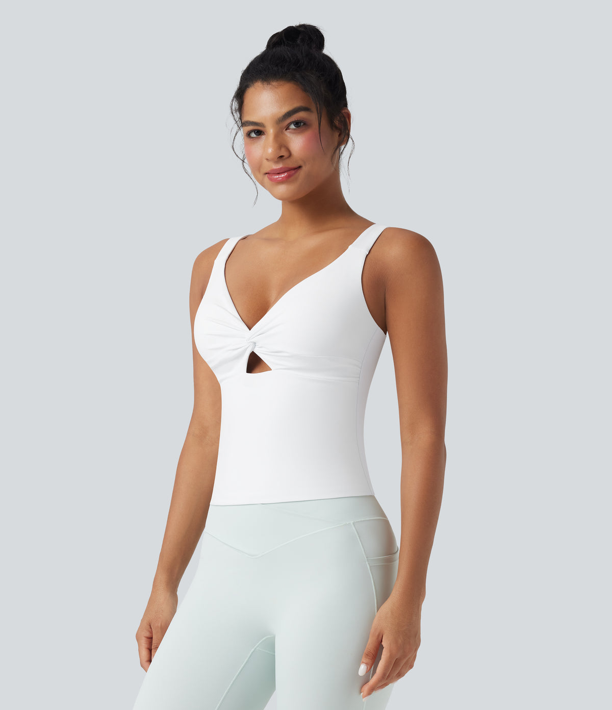 Airy Twisted Cut Out Yoga Tank Top-Longer Length — White — view 3