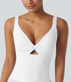 Airy Twisted Cut Out Yoga Tank Top-Longer Length — White — view 4