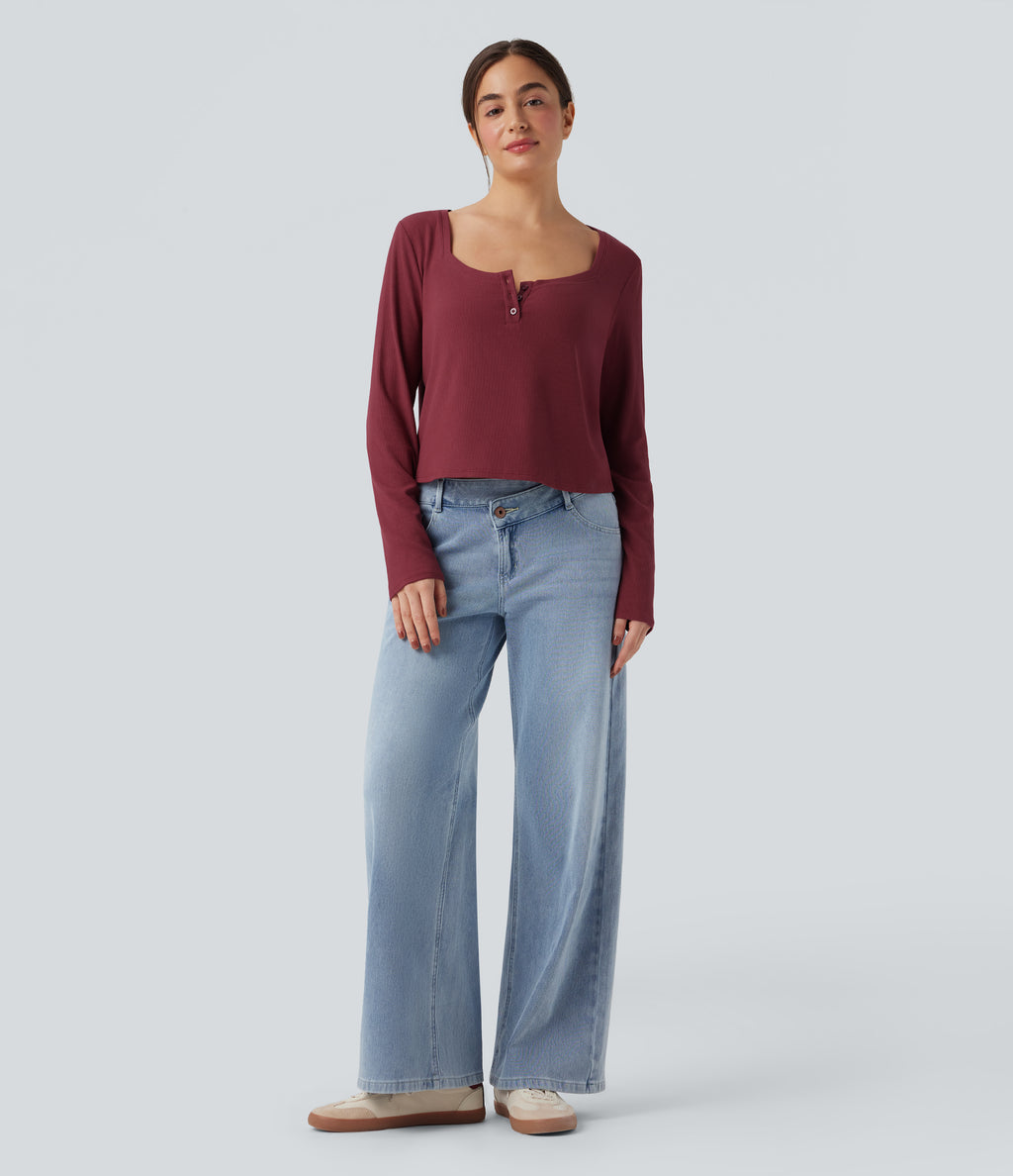 Ribbed Knit Henley Neck Long Sleeve Casual Top — Ruby Wine — view 5