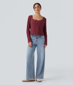 Ribbed Knit Henley Neck Long Sleeve Casual Top — Ruby Wine — view 5