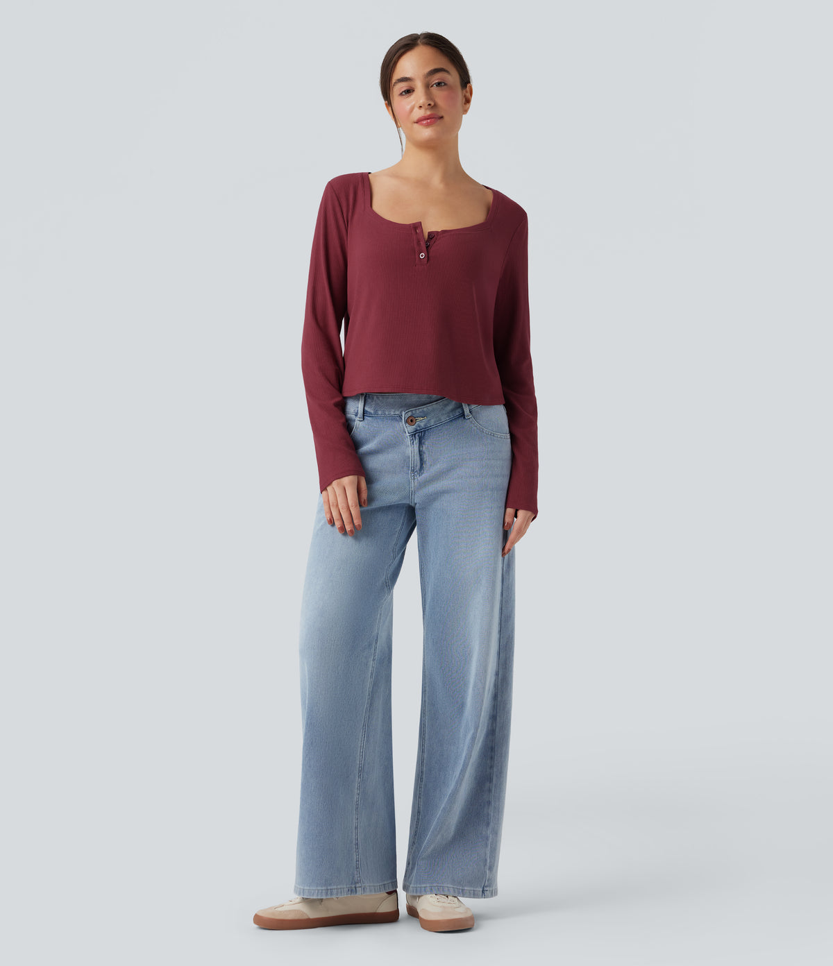 Ribbed Knit Henley Neck Long Sleeve Casual Top — Ruby Wine — view 5