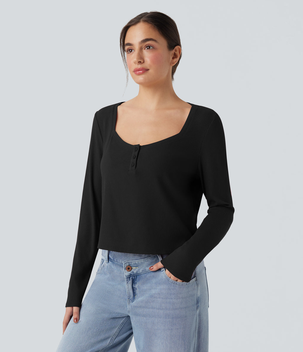 Ribbed Knit Henley Neck Long Sleeve Casual Top — Black — view 6