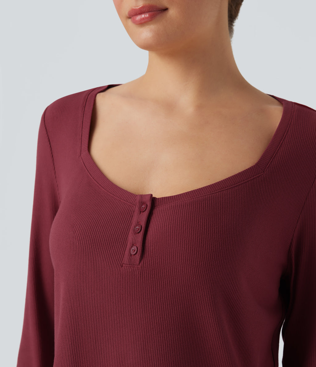 Ribbed Knit Henley Neck Long Sleeve Casual Top — Ruby Wine — view 4