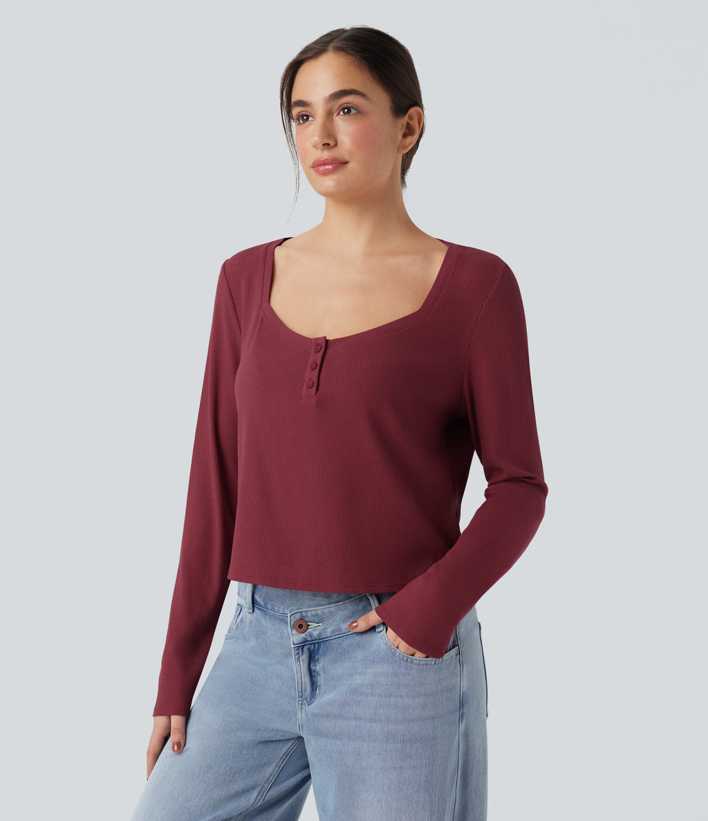 Ribbed Knit Henley Neck Long Sleeve Casual Top — Ruby Wine — view 1