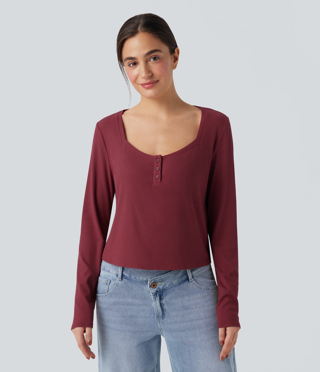 Ribbed Knit Henley Neck Long Sleeve Casual Top — Ruby Wine — view 3
