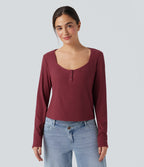 Ribbed Knit Henley Neck Long Sleeve Casual Top — Ruby Wine — view 3