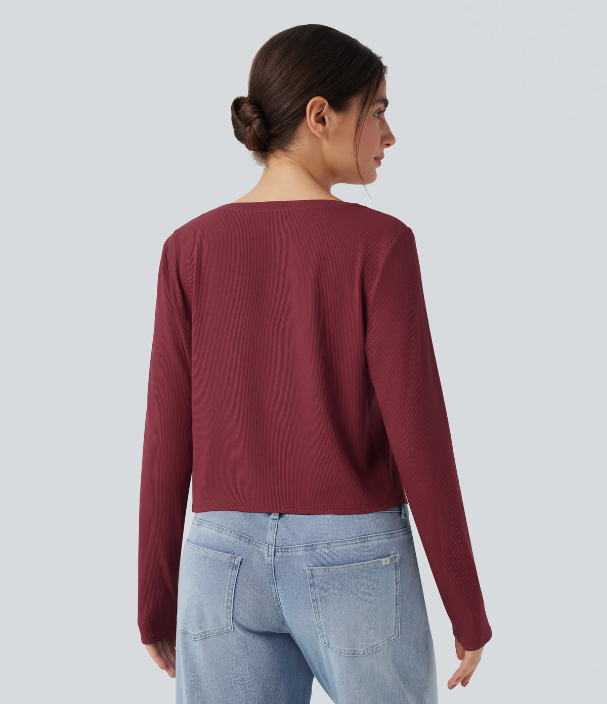 Ribbed Knit Henley Neck Long Sleeve Casual Top — Ruby Wine — view 2