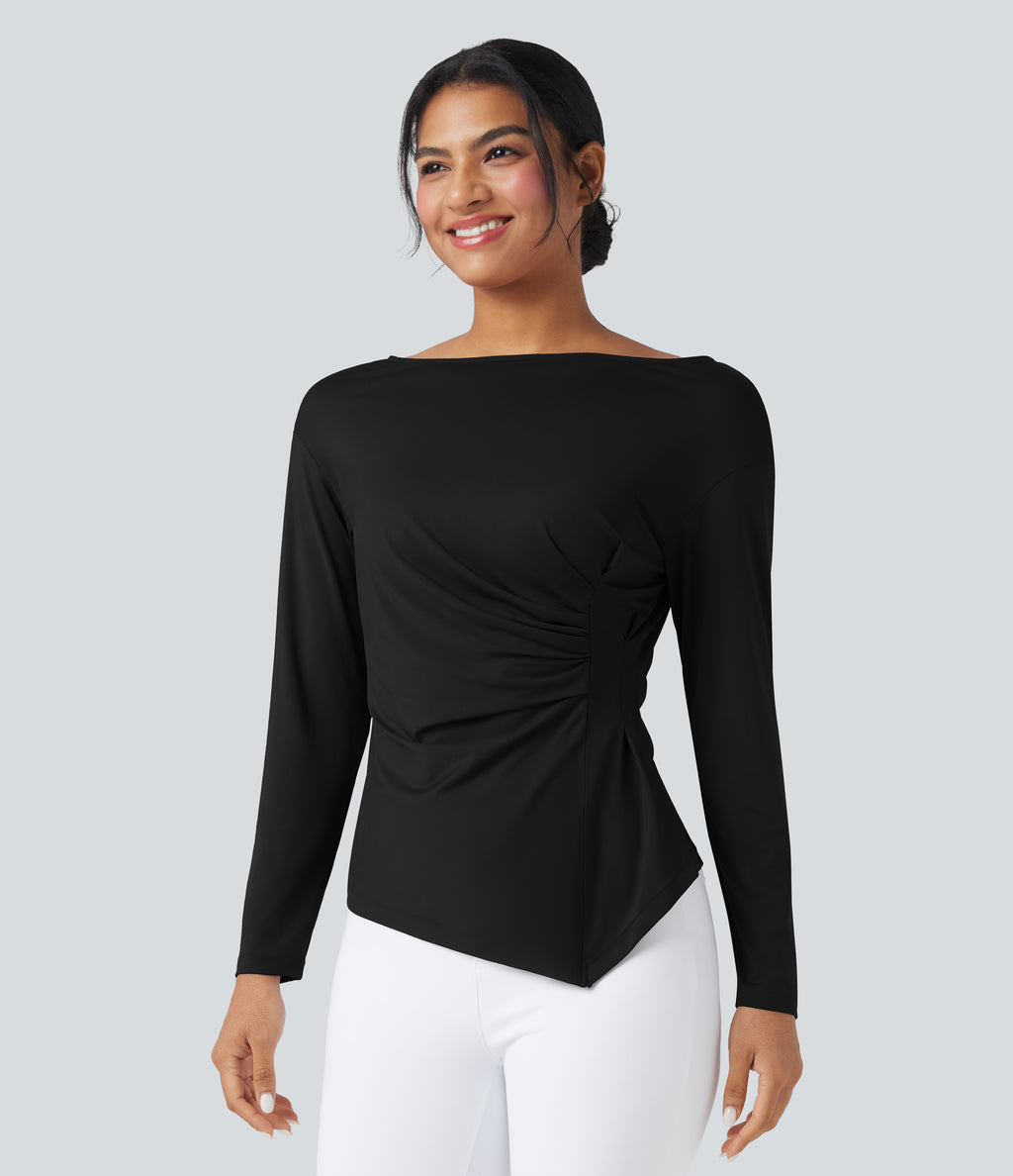 Boat Neck Long Sleeve Ruched Asymmetrical Hem Slim Work Blouse — Black — view 6
